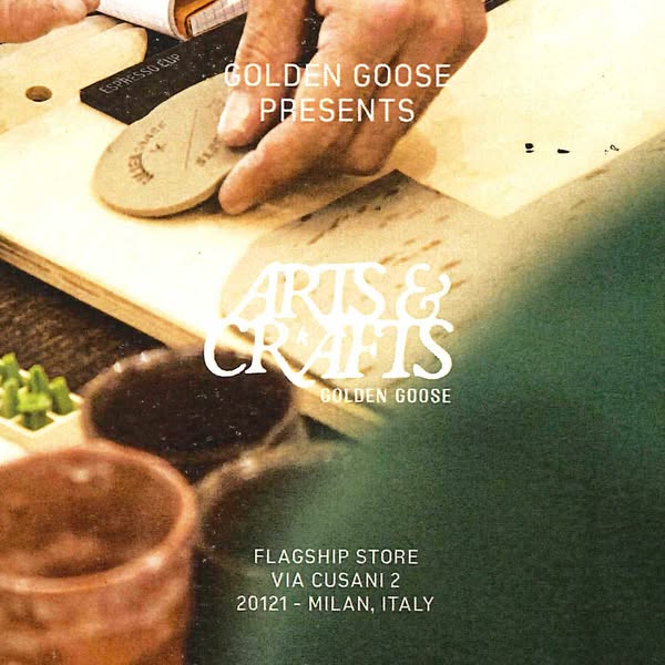This image ad from Golden Goose announces their Arts & Crafts event at the Flagship store in Milan, Italy.