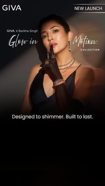 This image ad for GIVA's new 'Glow in Motion' collection features a woman wearing jewelry from the collectio