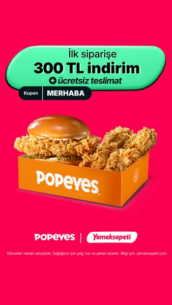This Popeyes ad features an offer for 300 TL off the first order and free delivery with the coupon code MERHABA. The ad 