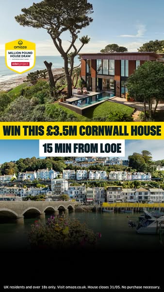 This image ad is for Omaze, promoting a chance to win a £3.5M Cornwall house through a house draw. The ad features image