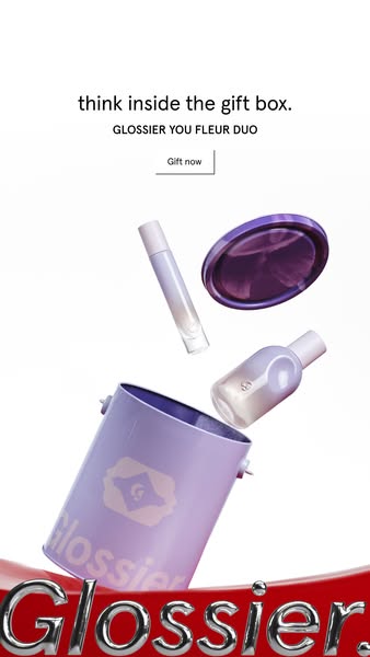This ad for Glossier promotes their You Fleur Duo gift set, containing perfume and hand cream. The ad features the produ