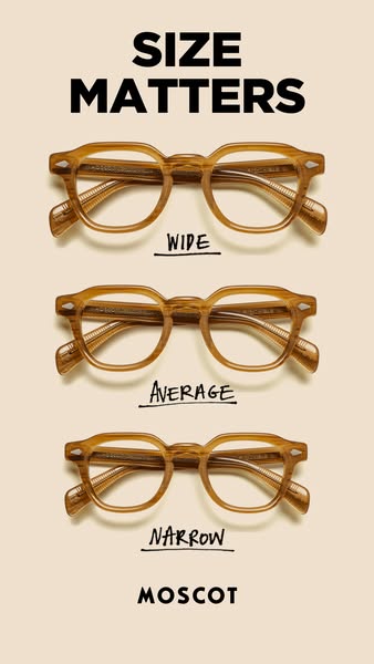 The ad displays three versions of eyeglasses. They are the same style but different widths: wide, average, and narrow. T