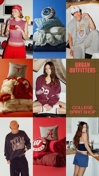 This image ad for Urban Outfitters features a grid layout of lifestyle shots of models and product-only setups that high
