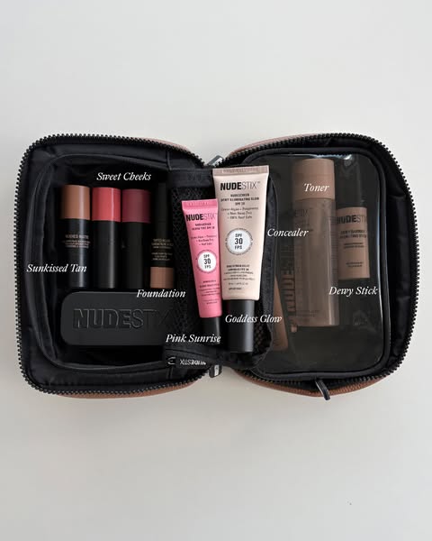 This ad showcases a variety of Nudestix makeup products neatly arranged within a makeup bag, offering a glimpse into a c