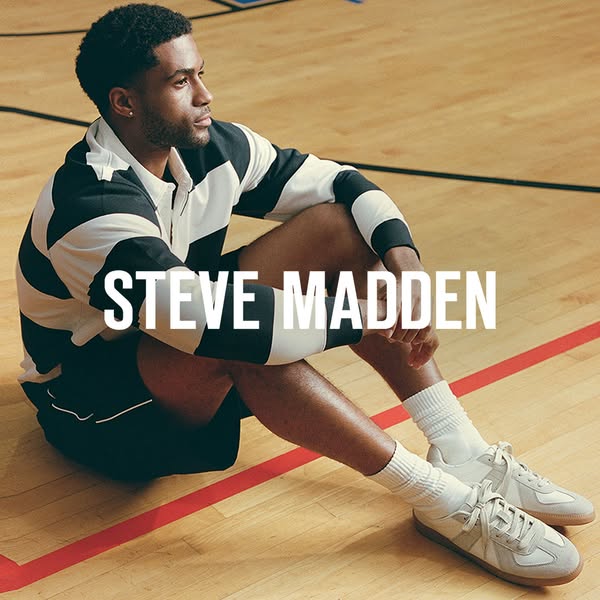 This ad features a man sitting on a basketball court wearing shoes from Steve Madden. The ad puts the brand name in larg