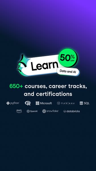 This ad promotes online courses, career tracks, and certifications in data and AI, offering a 50% discount. It lists a n