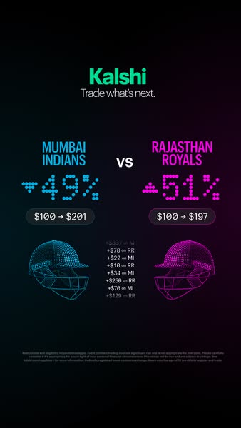 This ad compares the potential trading outcomes between the Mumbai Indians and Rajasthan Royals on the Kalshi platform. 