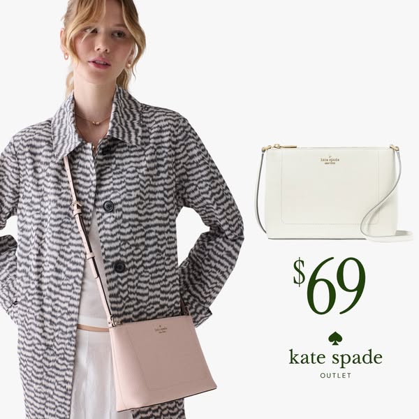 This image ad promotes Kate Spade Outlet handbags. It features a model wearing a patterned coat and white skirt, with a 