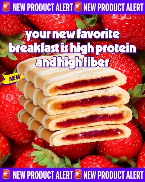 This image ad announces a new high-protein, high-fiber breakfast product. It features a stack of bar-shaped pastries aga