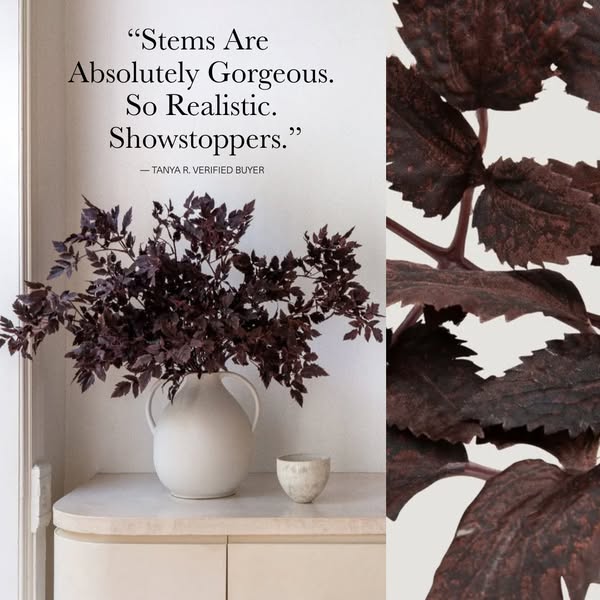 This image ad features a customer testimonial praising the lifelike appearance of the brand's stems, paired with a v