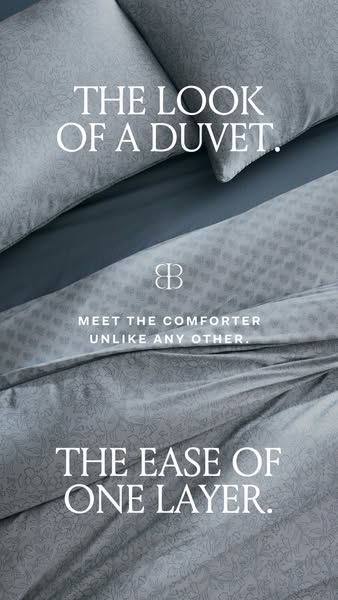 This ad showcases a comforter that offers the look of a duvet with the ease of a single layer, highlighting its unique d