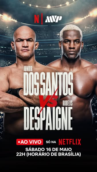 This ad promotes an upcoming live combat sports match between Junior Dos Santos and Robelis Despaigne, which is exclusiv