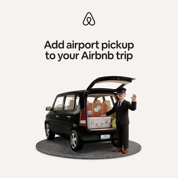 This ad promotes airport pickup as an additional service for Airbnb trips, featuring a cartoon-style illustration of a c