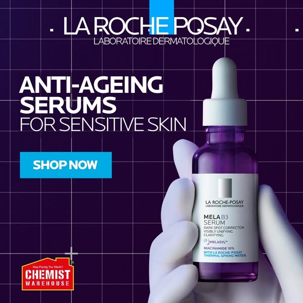 This ad showcases La Roche-Posay's Mela B3 Serum for sensitive skin. It features a hand holding the product against 