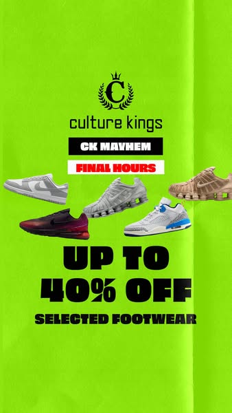 This ad showcases five different shoes with the message "Up to 40% OFF". It contains the brand name and a badg