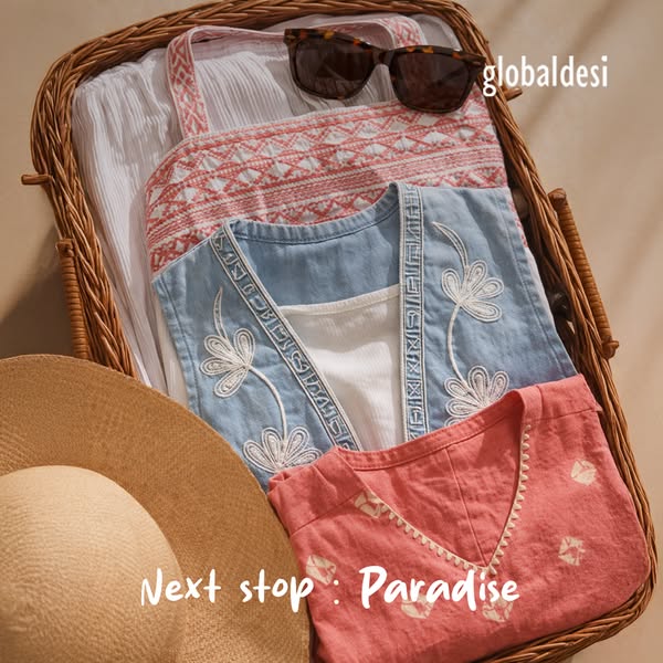 This ad features a basket filled with Global Desi clothing and accessories, suggesting the viewer pack Global Desi for t