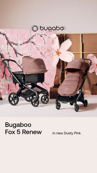 This ad showcases two Bugaboo Fox 5 Renew strollers in the new Dusty Pink color. The ad uses a soft and elegant visual s