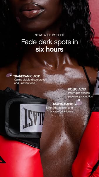 This image ad promotes new Faded patches from a skincare brand, highlighting the product's ability to fade dark spot