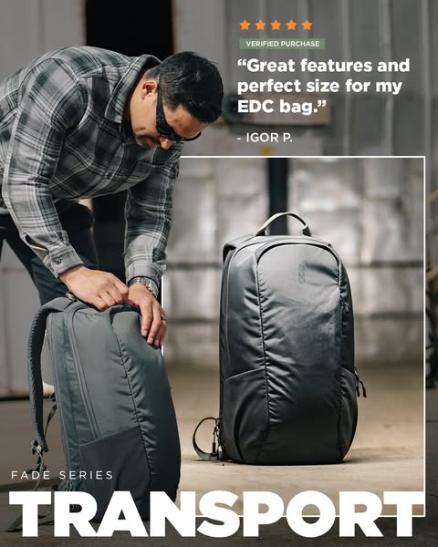 This image ad showcases a backpack from the 'Fade Series Transport' line, with a customer testimonial highlighti