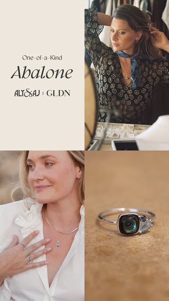This image ad features jewelry from the Alysaj x GLDN collaboration. It shows a woman in two of the four quadrants featu