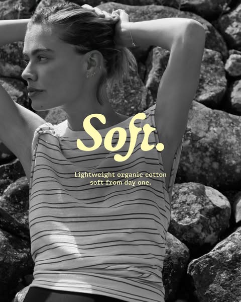 This ad features a woman wearing a striped shirt made of lightweight organic cotton. The ad emphasizes the softness of t