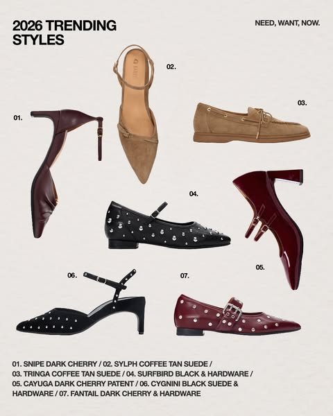This catalog ad showcases seven different styles of women's shoes for the upcoming season.