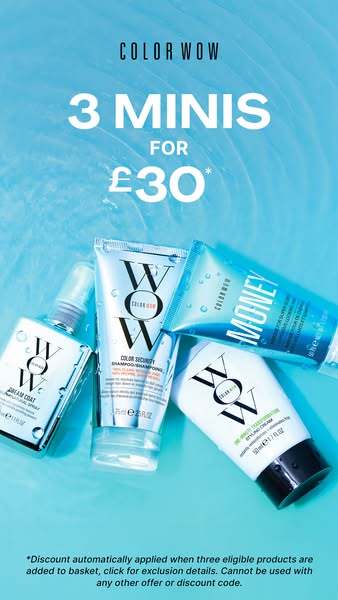 This ad showcases Color Wow mini-sized products while highlighting a discount offer for purchasing three.
