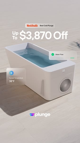 This image ad promotes Plunge cold plunge tubs. It features a clean, minimalist design with a light color palette. The p