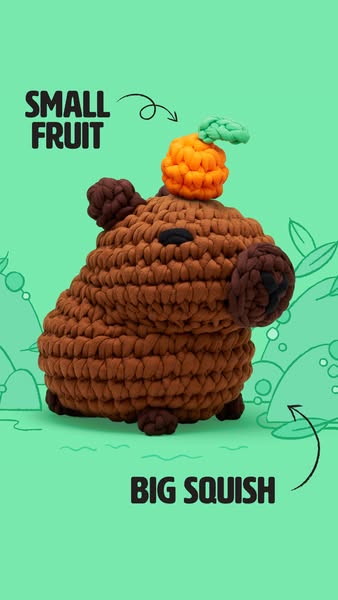 This ad showcases a crocheted capybara plush toy with annotations highlighting its features of being small and squishy. 