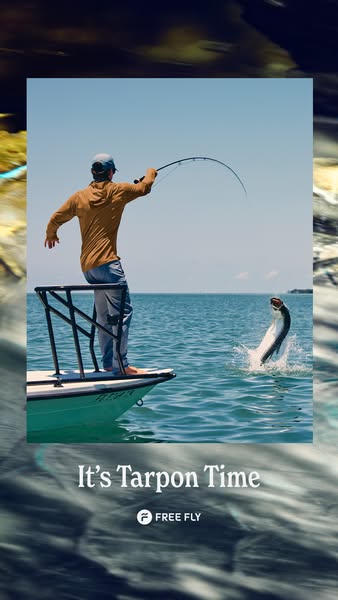 This image ad for Free Fly apparel shows a fisherman on a boat catching a large tarpon. The ad highlights the excitement