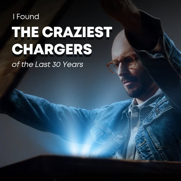 A man opens a chest and finds a modern mobile phone charger. The ad highlights innovative mobile phone chargers.