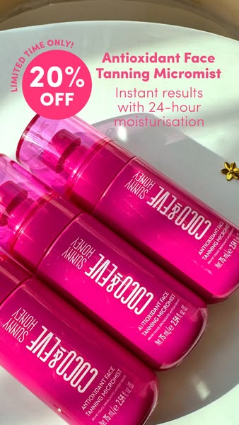 The ad features Coco & Eve's Antioxidant Face Tanning Micromist product and highlights the benefits of instant r