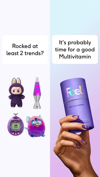 This ad uses a split-screen format to compare nostalgic trends with the need for a multivitamin, suggesting that if you 