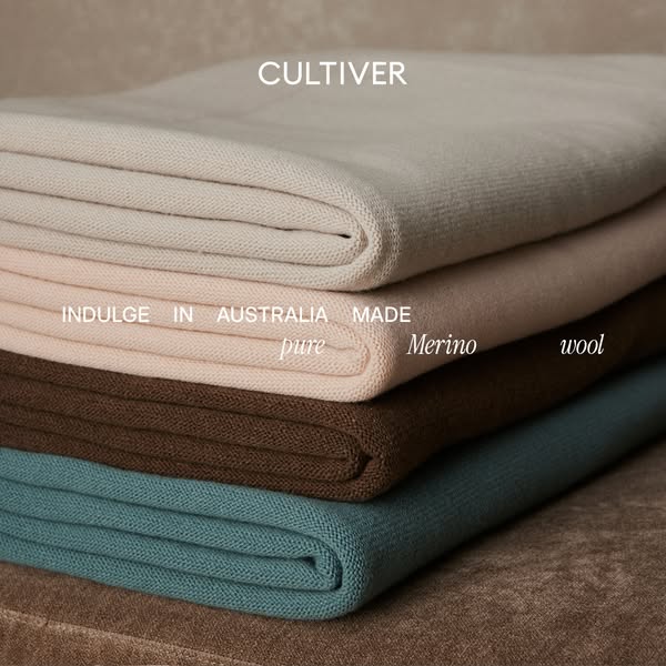 This image ad showcases a stack of CULTIVER wool blankets in various colors. The blankets are described as 'pure Aus