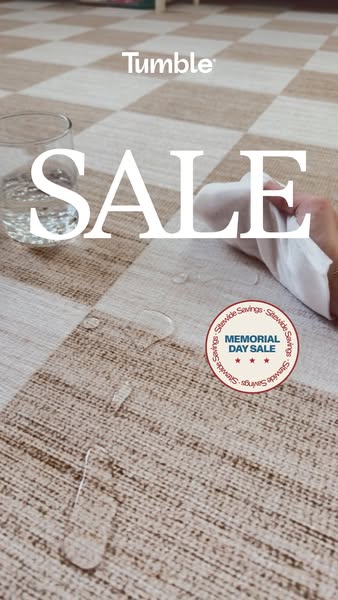 This ad for Tumble promotes a Memorial Day sale with a visual demonstration of the rug's easy clean-up.
