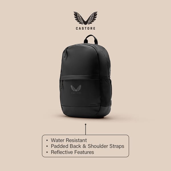 A simple, static image ad showcasing the Castore backpack. The ad highlights the product's water-resistant, padded, 