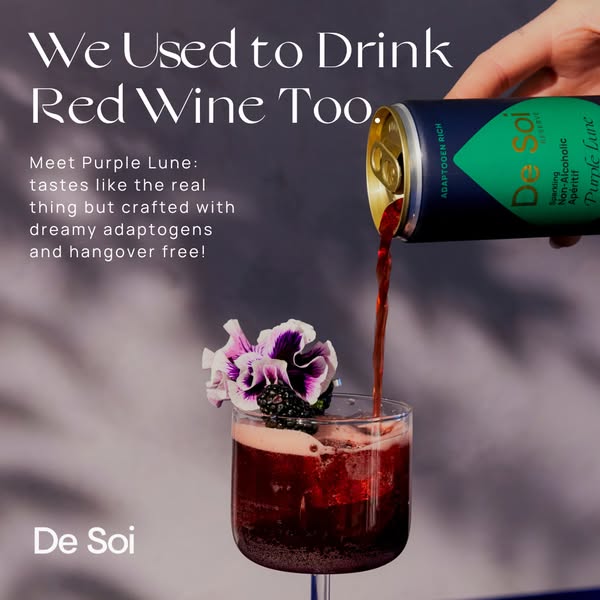 This ad promotes De Soi's Purple Lune, a sparkling non-alcoholic aperitif. The ad copy suggests that it tastes like 