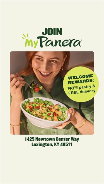This ad is for MyPanera. The ad features a woman holding a salad. The ad promotes free pastry and free delivery with MyP