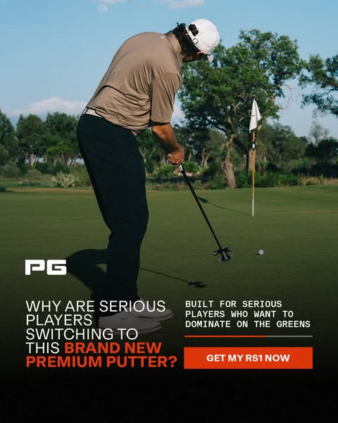 This image ad shows a male golfer using the PG brand putter. The ad targets serious golfers who are looking to improve t