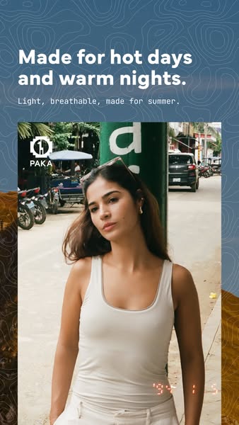 An ad promoting a light, breathable tank top from Paka Apparel that is made for hot days and warm nights.