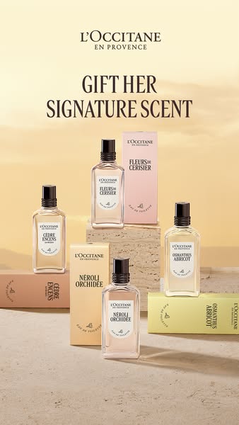 The ad features five L'Occitane fragrances, emphasizing them as ideal gifts.