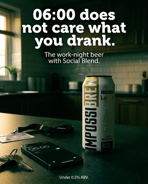 This image ad is advertising a work-night beer with a social blend. The ad highlights the product's low alcohol cont