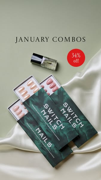 A flatlay shot promoting the brand's January nail combo, at a 34% discount.
