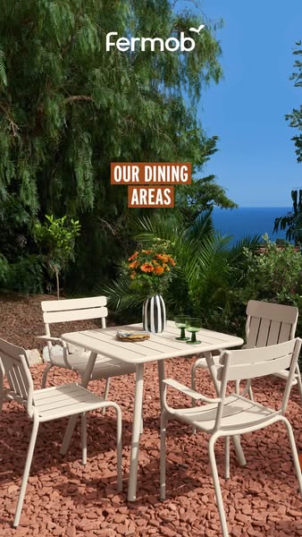 An image ad for Fermob showcasing a four-chair outdoor dining set against a lush, natural backdrop. The ad is designed t