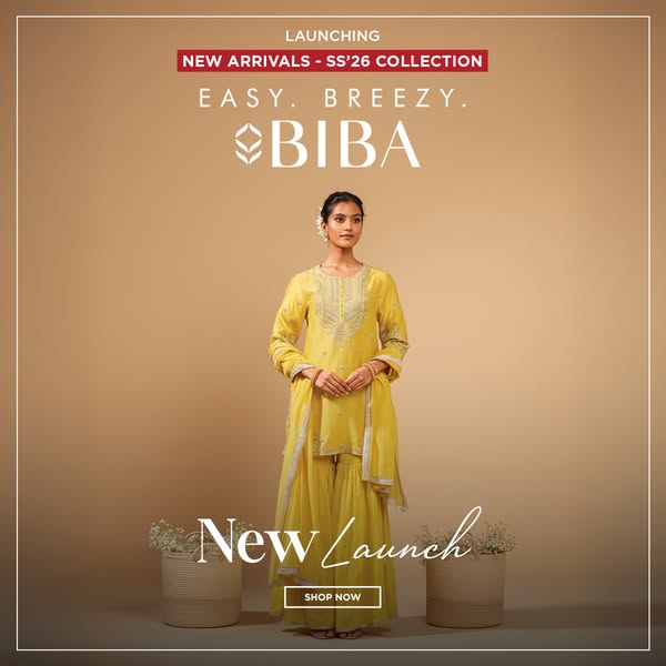 This image ad promotes BIBA's new SS'26 collection, highlighting a yellow outfit. The ad emphasizes the collecti