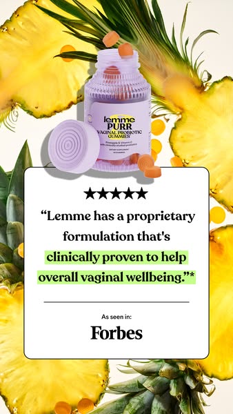 This ad promotes Lemme Purr Vaginal Probiotic Gummies. The ad features a product shot of the bottle of gummies with a te