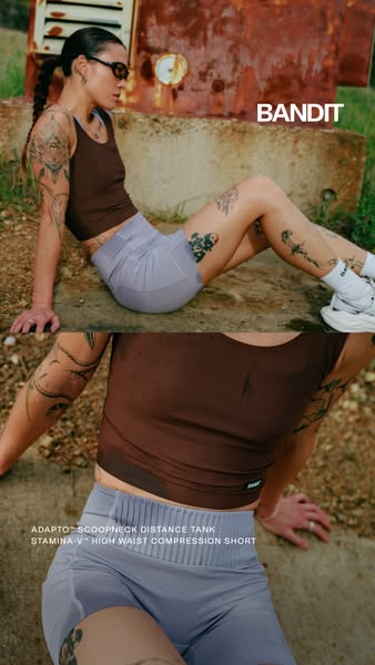 This image ad features a model wearing activewear in front of a dilapidated outdoor setting. The ad promotes a tank top 