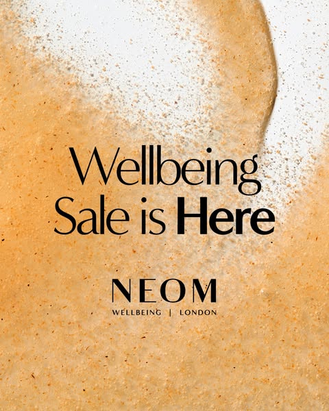 This image ad from NEOM Organics announces a 'Wellbeing Sale' and uses a visual aesthetic that mimics their prod