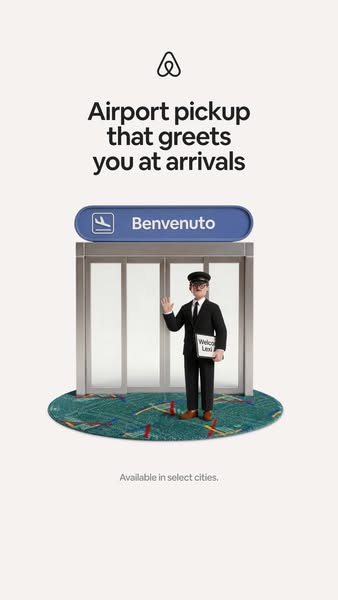 This ad promotes Airbnb's airport pickup service, emphasizing the convenience of being greeted upon arrival. The vis