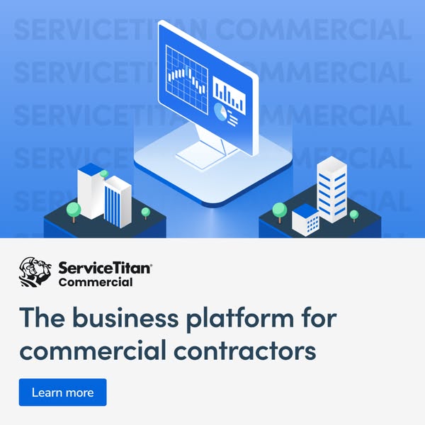 This ad promotes ServiceTitan Commercial, a business platform for commercial contractors. The ad features a stylized, is